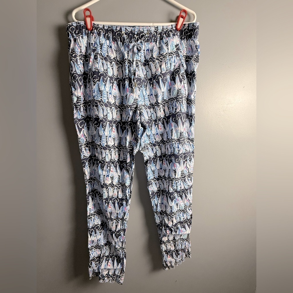 Lilly Pulitzer LARGE Navy Sails & Stripes TARON LINEN PANTS 31" Inseam Pull-On
